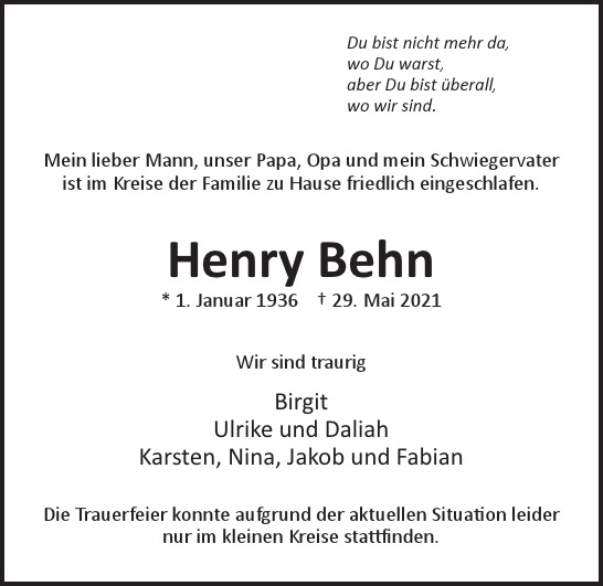 Traueranzeigen Von Henry Behn Hamburgertrauer De