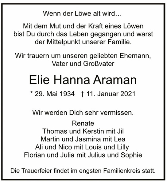 Traueranzeigen Von Elie Hanna Arman HamburgerTRAUER De