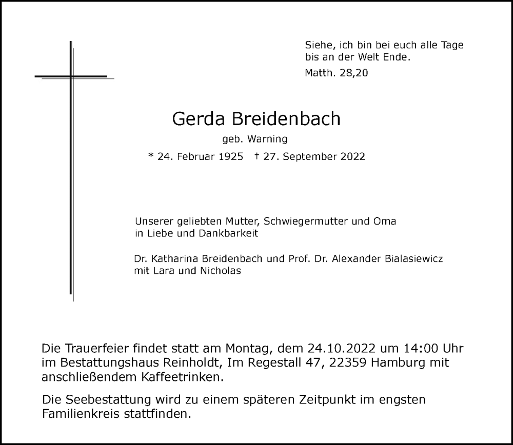 Traueranzeigen Von Gerda Breidenbach Hamburgertrauer De