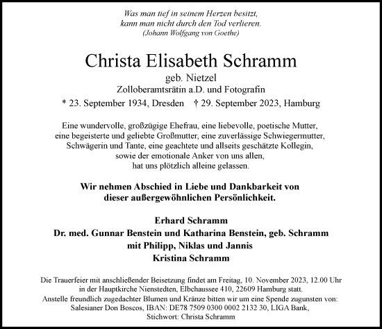 Traueranzeigen Von Christa Schramm Hamburgertrauer De