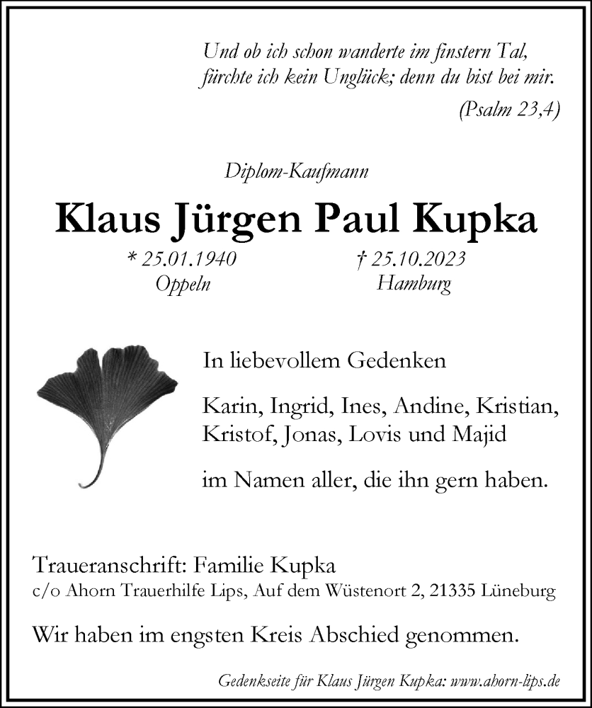 Traueranzeigen Von Klaus J Rgen Paul Kupka Hamburgertrauer De