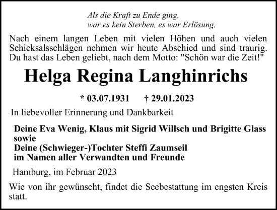 Traueranzeigen Von Helga Regina Langhinrichs HamburgerTRAUER De