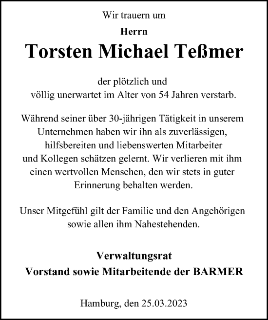 Traueranzeigen von Torsten Michael Teßmer HamburgerTRAUER de