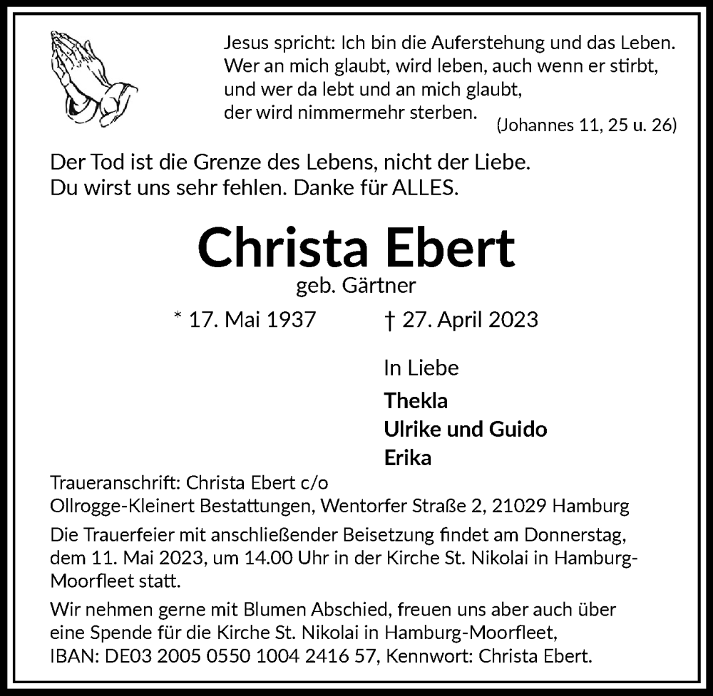 Traueranzeigen Von Christa Ebert Hamburgertrauer De