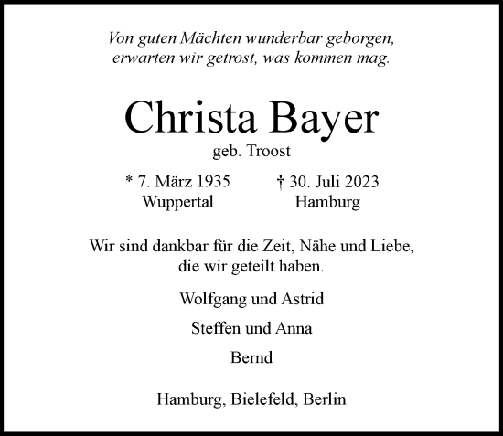 Traueranzeigen Von Christa Bayer Hamburgertrauer De