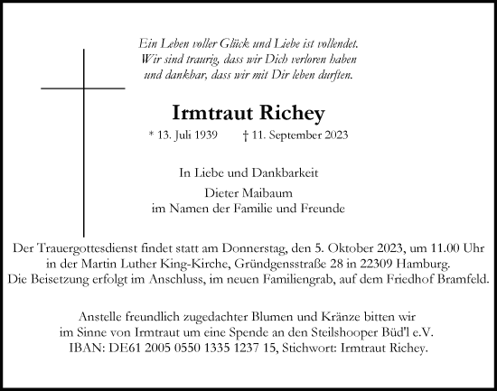 Traueranzeigen Von Irmtraut Richey Hamburgertrauer De