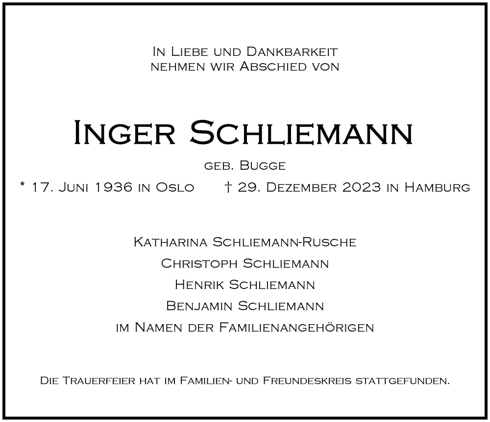 Traueranzeigen Von Inge Schliemann HamburgerTRAUER De