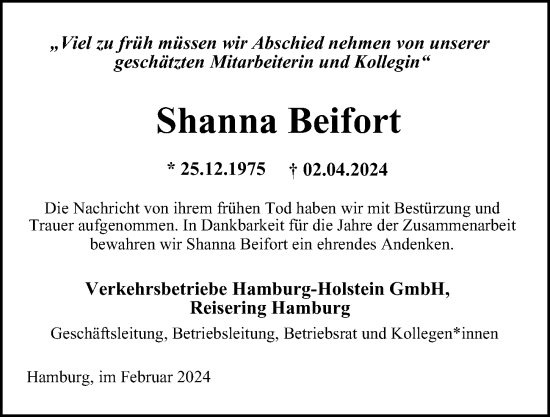 Traueranzeigen Von Shanna Beifort Hamburgertrauer De