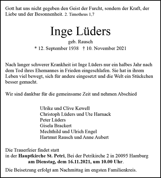 Traueranzeige von Inge Lüders von Hamburger Tageszeitungen und Anzeigenblättern der FUNKE Mediengruppe