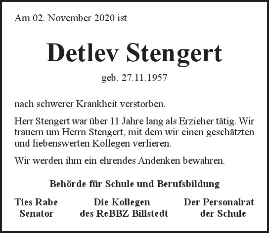 Traueranzeige von Detlev Stengert von Hamburger Tageszeitungen und Anzeigenblättern der FUNKE Mediengruppe