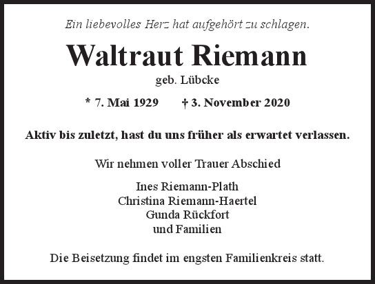 Traueranzeige von Waltraut Riemann von Hamburger Tageszeitungen und Anzeigenblättern der FUNKE Mediengruppe