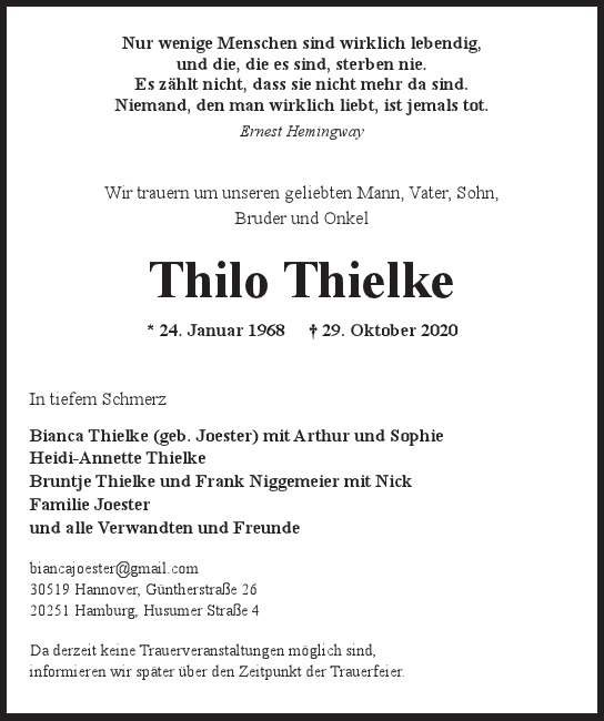 Traueranzeige von Thilo Thielke von Hamburger Tageszeitungen und Anzeigenblättern der FUNKE Mediengruppe