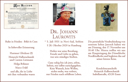 Traueranzeige von Johann Laurovits von Hamburger Tageszeitungen und Anzeigenblättern der FUNKE Mediengruppe