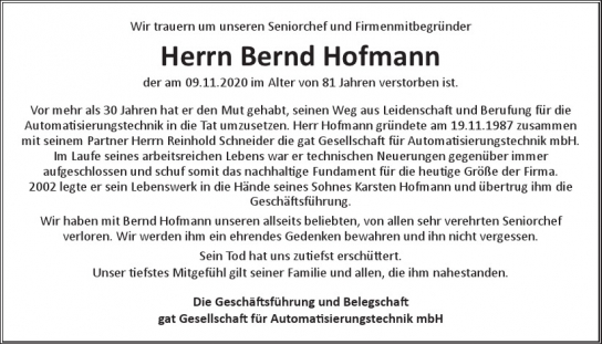 Traueranzeige von Bernd Hofmann von Hamburger Tageszeitungen und Anzeigenblättern der FUNKE Mediengruppe