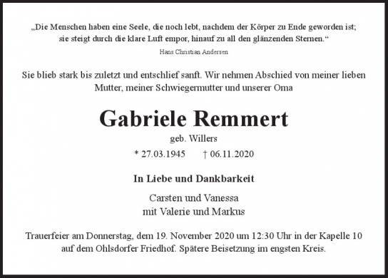 Traueranzeige von Gabriele Remmert von Hamburger Tageszeitungen und Anzeigenblättern der FUNKE Mediengruppe