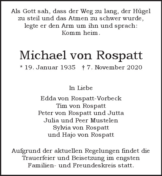  Traueranzeige für Michael von Rospatt vom 14.11.2020 aus Hamburger Tageszeitungen und Anzeigenblättern der FUNKE Mediengruppe