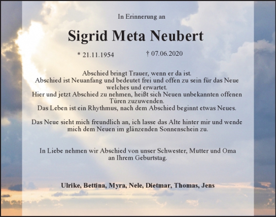 Traueranzeige von Sigrid Meta Neubert von Hamburger Tageszeitungen und Anzeigenblättern der FUNKE Mediengruppe