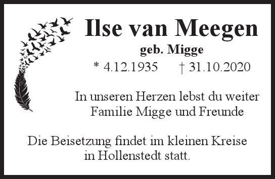 Traueranzeige von Ilse van Meegen von Hamburger Tageszeitungen und Anzeigenblättern der FUNKE Mediengruppe