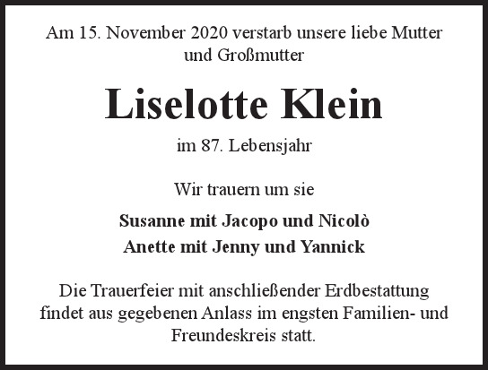 Traueranzeige von Liselotte Klein von Hamburger Tageszeitungen und Anzeigenblättern der FUNKE Mediengruppe