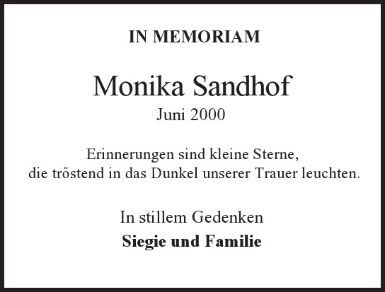 Traueranzeige von Monika Sandhof von Hamburger Tageszeitungen und Anzeigenblättern der FUNKE Mediengruppe