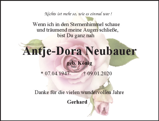 Traueranzeige von Antje-Dora Neubauer von Hamburger Tageszeitungen und Anzeigenblättern der FUNKE Mediengruppe