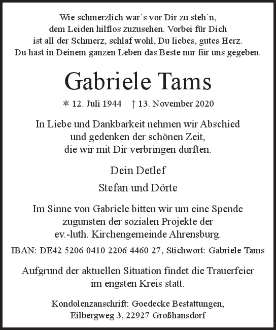 Traueranzeige von Gabriele Tams von Hamburger Tageszeitungen und Anzeigenblättern der FUNKE Mediengruppe