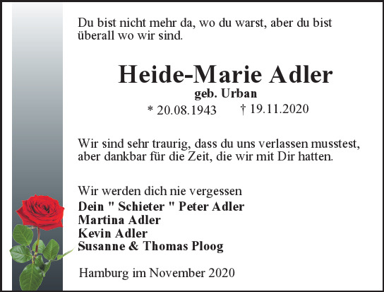 Traueranzeige von Heide-Marie Adler von Hamburger Tageszeitungen und Anzeigenblättern der FUNKE Mediengruppe