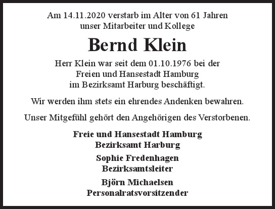 Traueranzeige von Bernd Klein von Hamburger Tageszeitungen und Anzeigenblättern der FUNKE Mediengruppe