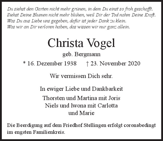 Traueranzeige von Christa Vogel von Hamburger Tageszeitungen und Anzeigenblättern der FUNKE Mediengruppe