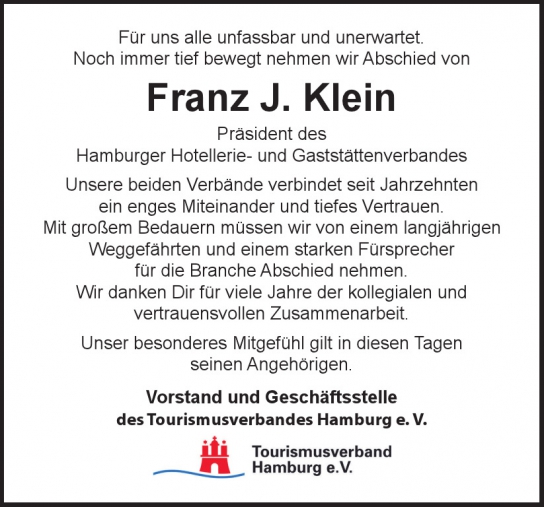 Traueranzeige von Franz J. Klein von Hamburger Tageszeitungen und Anzeigenblättern der FUNKE Mediengruppe