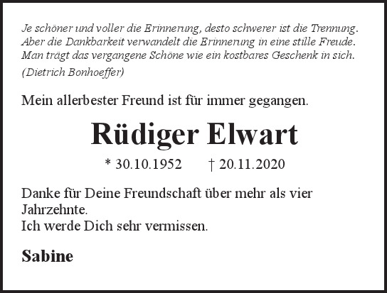 Traueranzeige von Rüdiger  Elwart  von Hamburger Tageszeitungen und Anzeigenblättern der FUNKE Mediengruppe