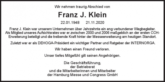 Traueranzeige von Franz J. Klein von Hamburger Tageszeitungen und Anzeigenblättern der FUNKE Mediengruppe