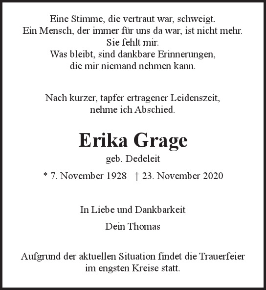 Traueranzeige von Erika Grage  von Hamburger Tageszeitungen und Anzeigenblättern der FUNKE Mediengruppe