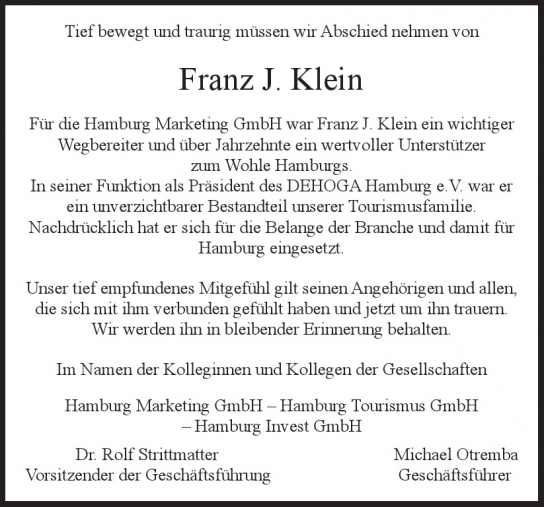 Traueranzeige von Franz J. Klein von Hamburger Tageszeitungen und Anzeigenblättern der FUNKE Mediengruppe