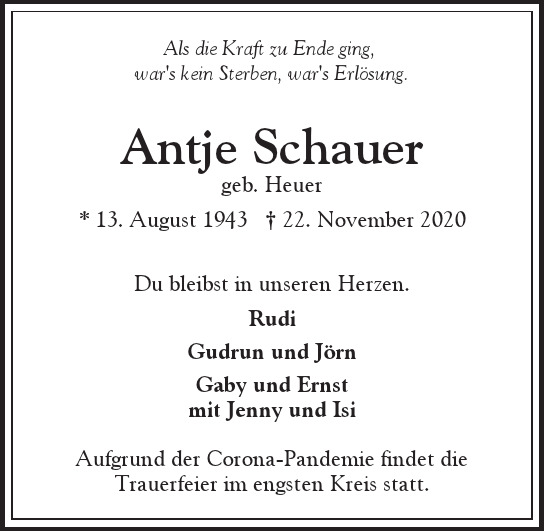 Traueranzeige von Antje  Schauer  von Hamburger Tageszeitungen und Anzeigenblättern der FUNKE Mediengruppe