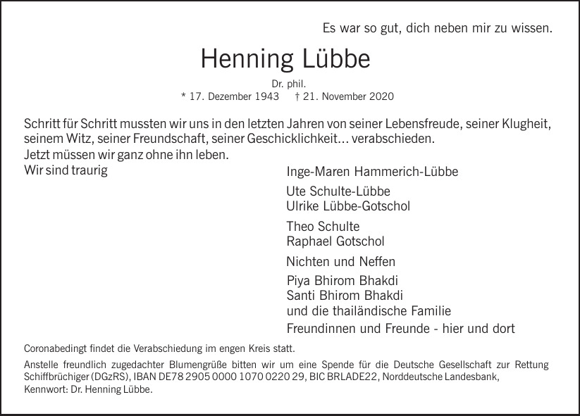  Traueranzeige für Henning Lübbe  vom 05.12.2020 aus Hamburger Tageszeitungen und Anzeigenblättern der FUNKE Mediengruppe