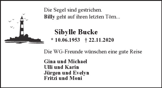 Traueranzeige von Sibylle  Bucke von Hamburger Tageszeitungen und Anzeigenblättern der FUNKE Mediengruppe