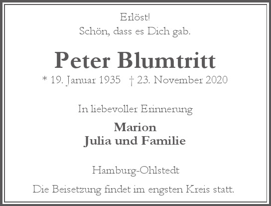 Traueranzeige von Peter  Blumtritt  von Hamburger Tageszeitungen und Anzeigenblättern der FUNKE Mediengruppe