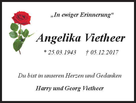 Traueranzeige von Angelika Vietheer von Hamburger Tageszeitungen und Anzeigenblättern der FUNKE Mediengruppe