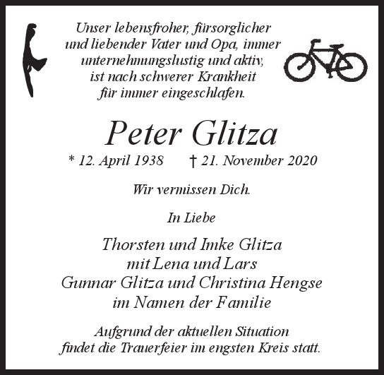 Traueranzeige von Peter  Glitza  von Hamburger Tageszeitungen und Anzeigenblättern der FUNKE Mediengruppe