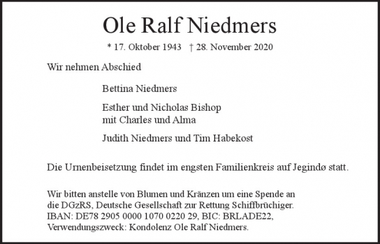 Traueranzeige von Ole Ralf Niedmers  von Hamburger Tageszeitungen und Anzeigenblättern der FUNKE Mediengruppe