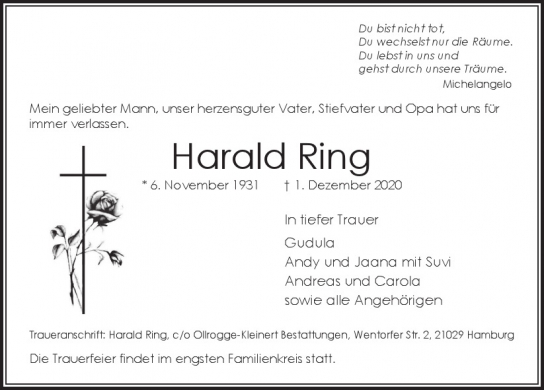 Traueranzeige von Harald Ring  von Hamburger Tageszeitungen und Anzeigenblättern der FUNKE Mediengruppe