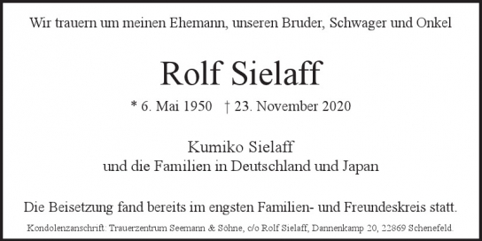 Traueranzeige von Rolf Sielaff  von Hamburger Tageszeitungen und Anzeigenblättern der FUNKE Mediengruppe