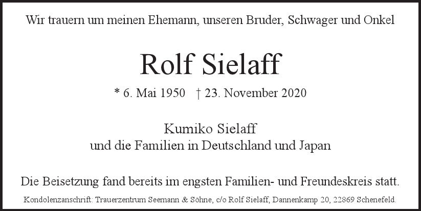  Traueranzeige für Rolf Sielaff  vom 05.12.2020 aus Hamburger Tageszeitungen und Anzeigenblättern der FUNKE Mediengruppe