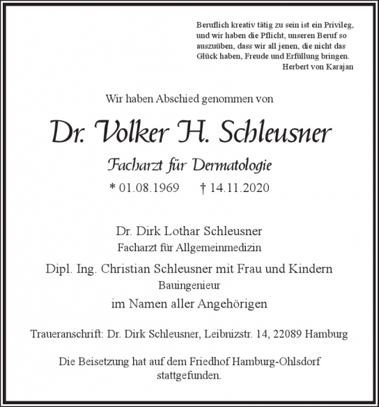 Traueranzeige von Volker H. Schleusner von Hamburger Tageszeitungen und Anzeigenblättern der FUNKE Mediengruppe