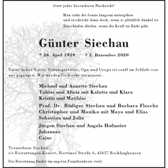 Traueranzeige von Günter Siechau  von Hamburger Tageszeitungen und Anzeigenblättern der FUNKE Mediengruppe