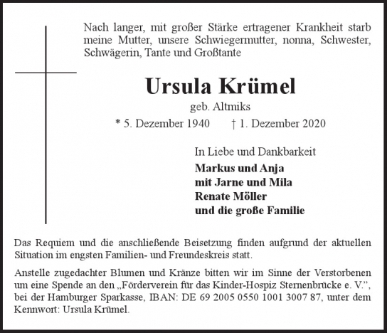 Traueranzeige von Ursula Krümel  von Hamburger Tageszeitungen und Anzeigenblättern der FUNKE Mediengruppe