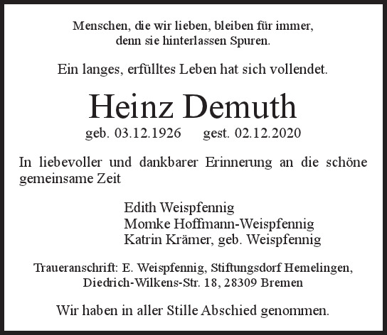 Traueranzeige von Heinz  Demuth  von Hamburger Tageszeitungen und Anzeigenblättern der FUNKE Mediengruppe