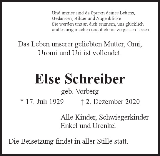 Traueranzeige von Else  Schreiber  von Hamburger Tageszeitungen und Anzeigenblättern der FUNKE Mediengruppe