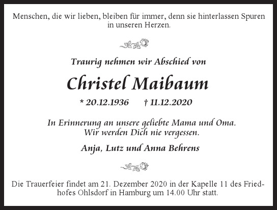 Traueranzeige von Christel Maibaum von Hamburger Tageszeitungen und Anzeigenblättern der FUNKE Mediengruppe